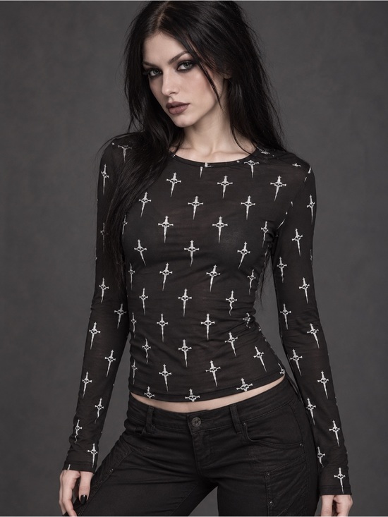 Lip Service Tops - Lip Service Black Long Sleeve Top with White Sword Print